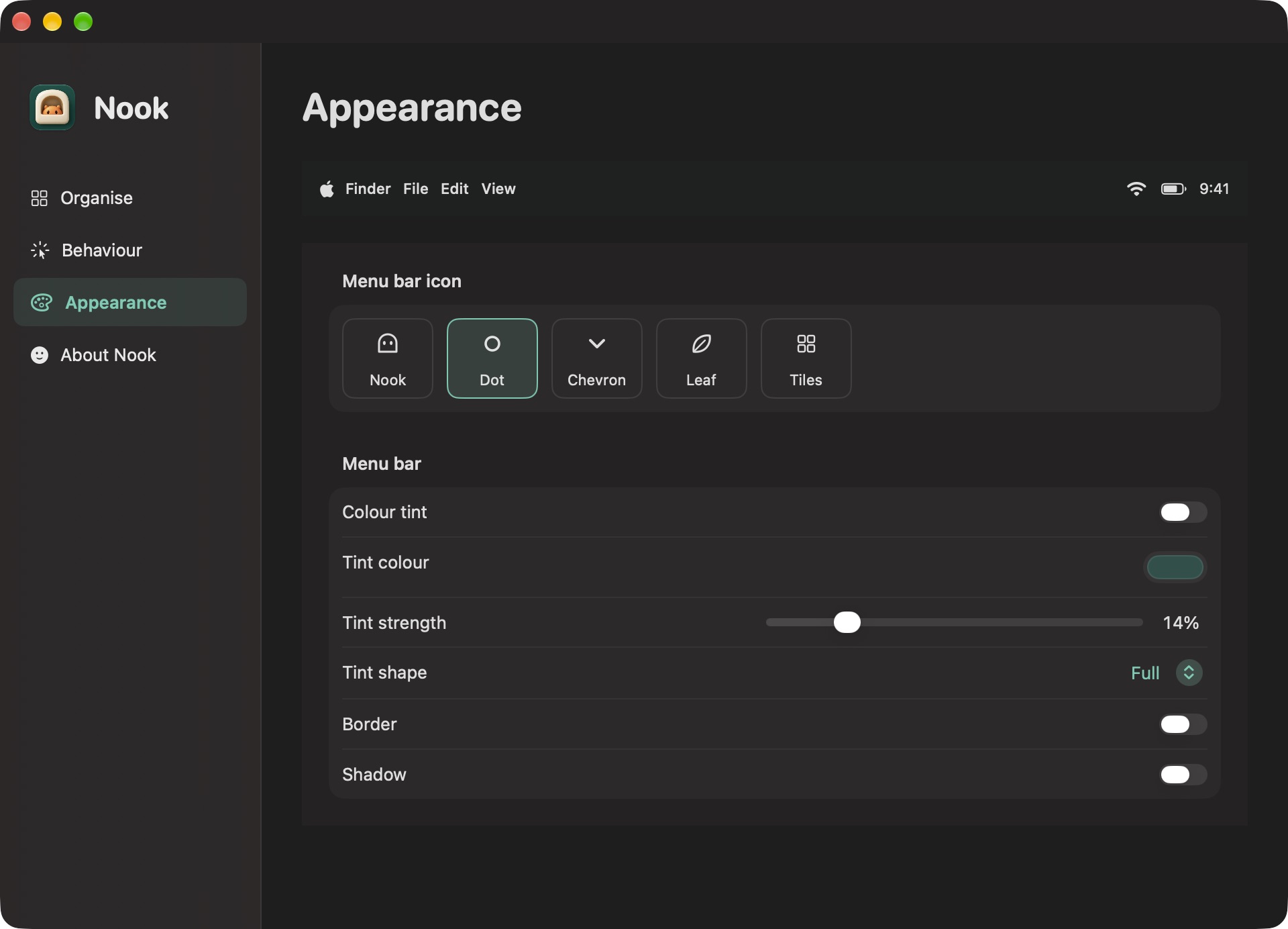 The actual Nook Appearance window in dark mode, with Nook, Dot, Chevron, Leaf, and Tiles icon choices and menu bar tint, shape, border, and shadow settings.