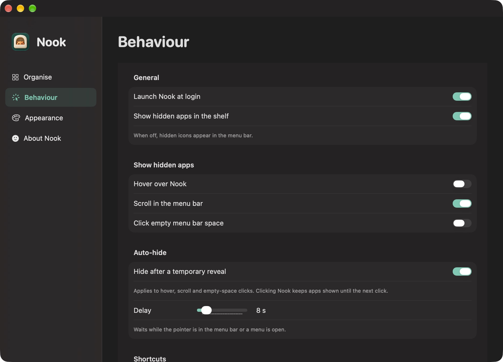 The actual Nook Behaviour window in dark mode, showing launch at login, hidden-app shelf, hover and scroll gestures, auto-hide timing, and keyboard shortcuts.