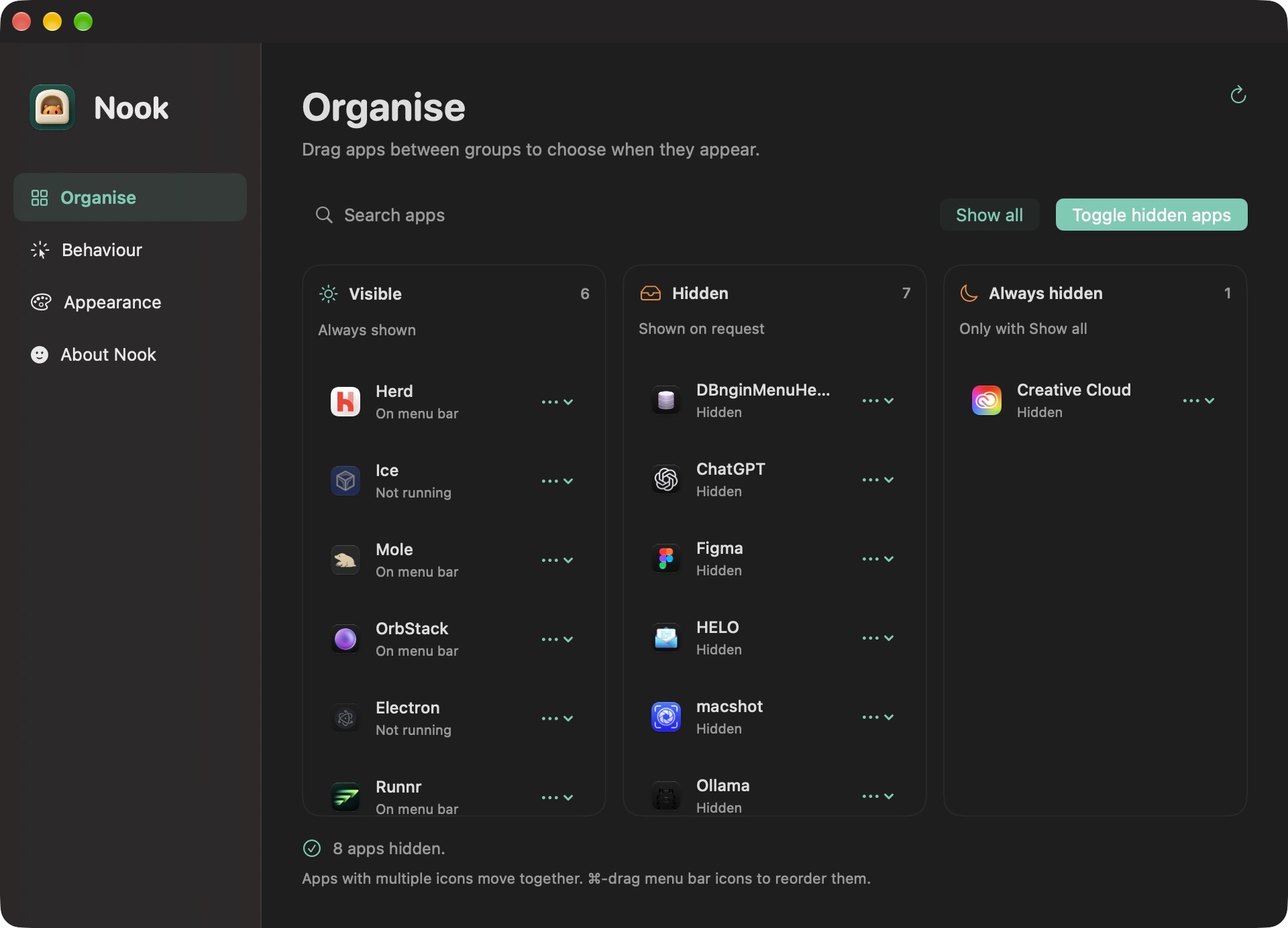 The actual Nook Organise window in dark mode, showing Visible, Hidden, and Always hidden groups, app search, and the Show all and Toggle hidden apps controls.
